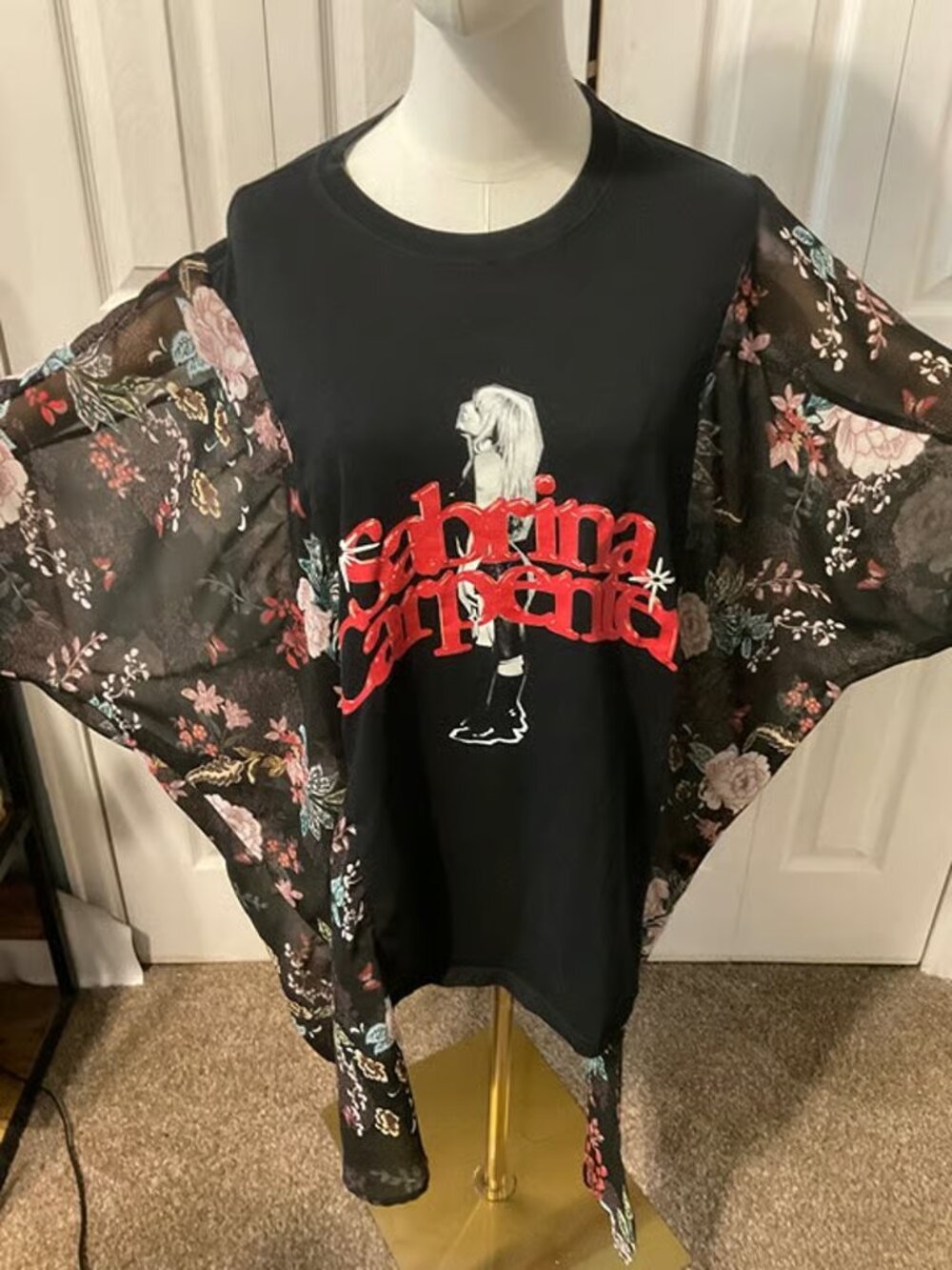 Sabrina Carpenter Upcycled Graphic T-Shirt with Flowy Floral Sleeves- OSFM